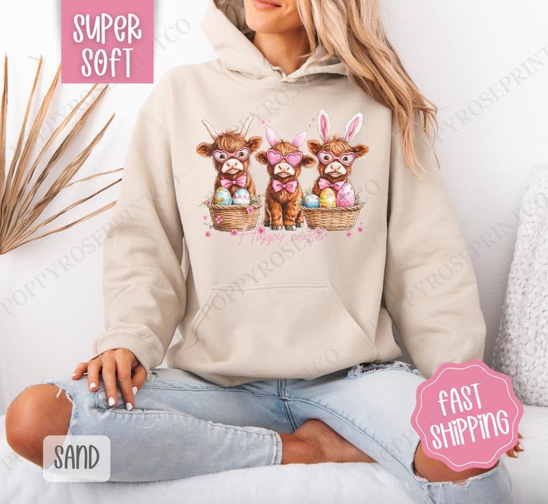 Easter Highland Cows Hoodie, Easter Women's Crewneck, Cute Cow Women's Hooded Sweater T-Shirts, Sweatshirt | GrindPrints.com
