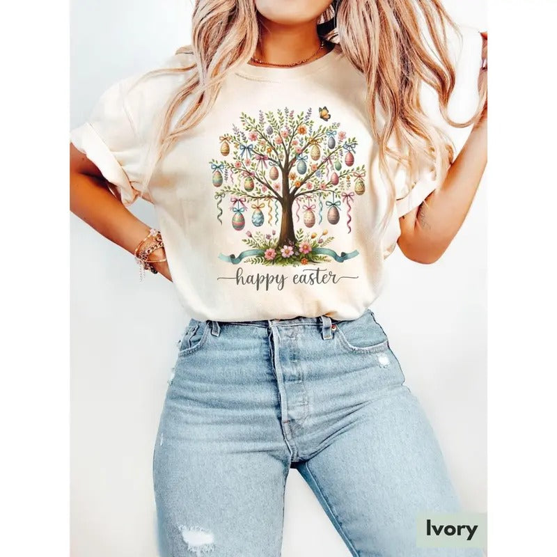 Easter Tree T-Shirt, Happy Easter Shirt, Cute Easter Shirt, Cute Easter Gift, Pastel Easter Shirt, Easter Egg Shirt...