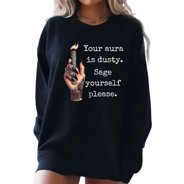 Edgy Grunge Black Purple Alt Girl Hand Holding Candle 'Your Aura Is Dusty Sage Yourself Please' Cleansing Negative Energy Fall & Halloween Short Sleeve Sizing T-Shirts, Hoodie, Sweatshirt