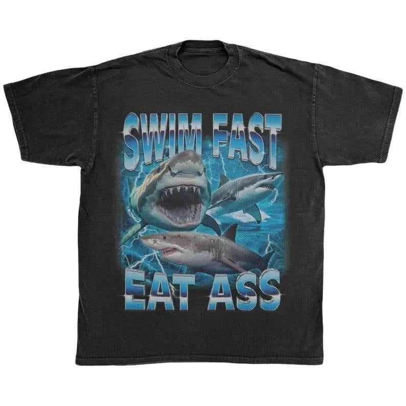 Edgy Shark T-shirt | Swim Fast Eat Ass | Funny Ocean Predator Graphic Tee | Adult Humor | Ironic Meme Shirt | Offensive...