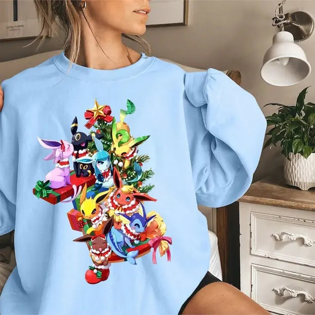 Eevee Evolutions Christmas Sweatshirt Hoodie, PKM Christmas Sweater, Eevee Xmas Sweater, Sylveon, umbreon, Espeon,...