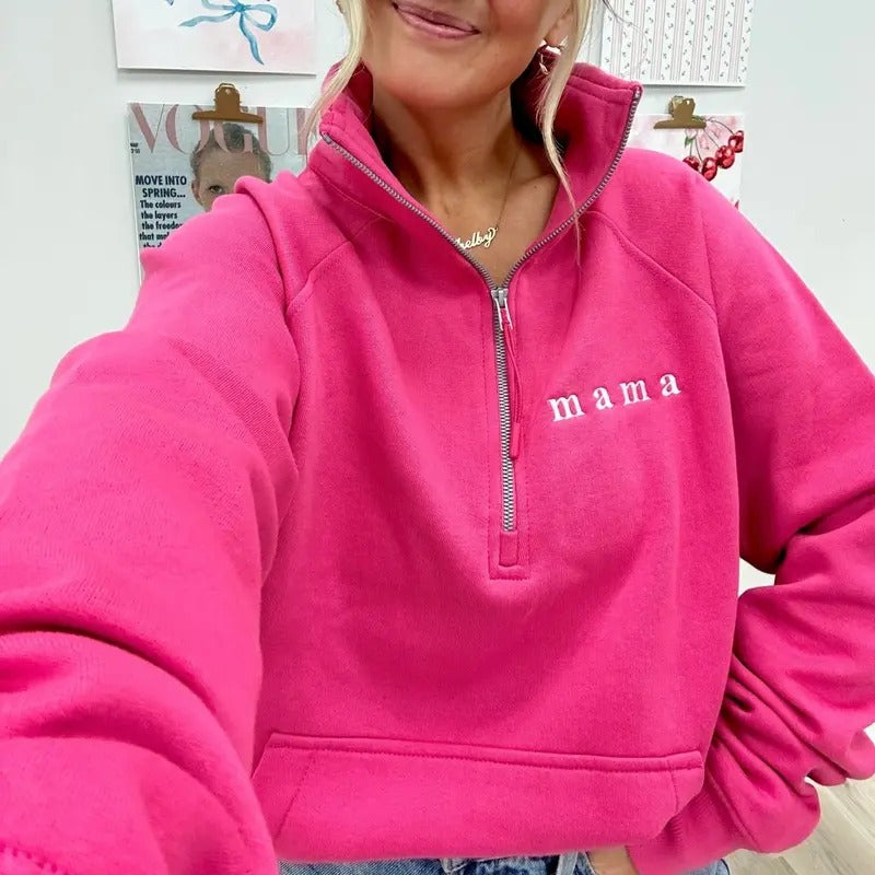 Embroidered 'Mama' Pocket Quarter Zip Sweatshirt T-Shirts, Hoodie | GrindPrints.com