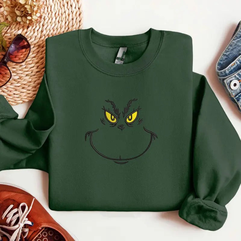 Embroidered Character Christmas Sweatshirt, Embroidery Smile Face T-shirt, Christmas Unisex Tee Hoodie | GrindPrints.com