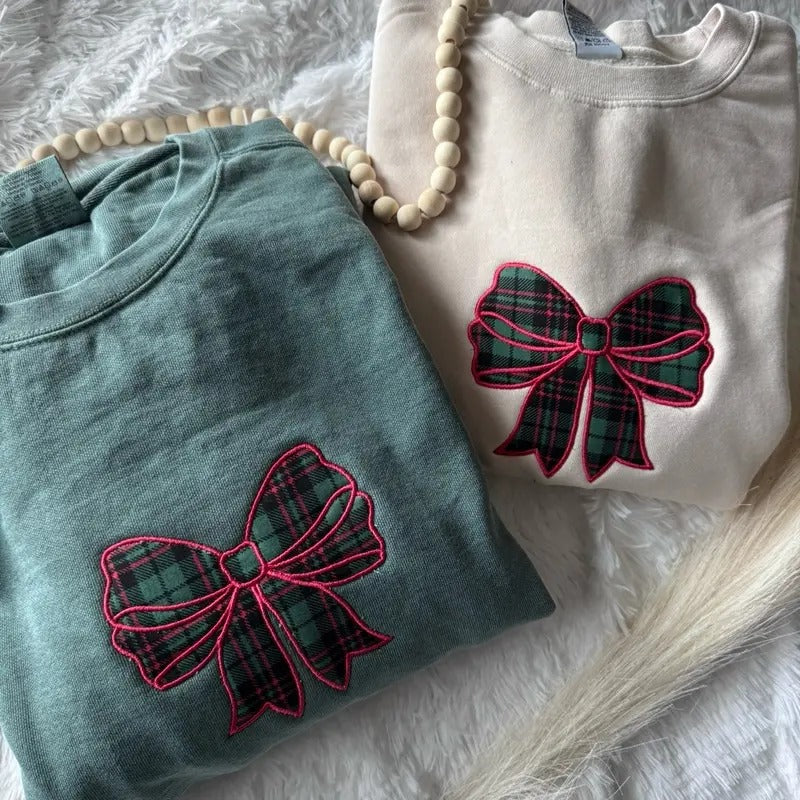 Embroidered Christmas Sweatshirt, Bow Sweatshirt, Christmas Bow Sweatshirt T-Shirts, Hoodie | GrindPrints.com