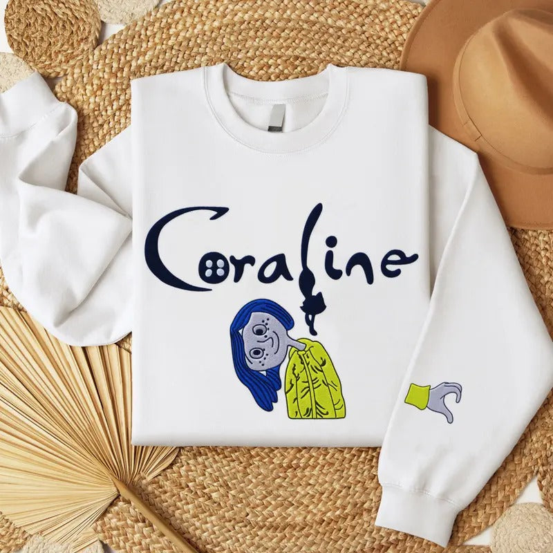 Embroidered Coraline Sweatshirt, Spooky Season Tee, Couple Matching Halloween Embroidery Shirt Gift Hoodie | GrindPrints.com