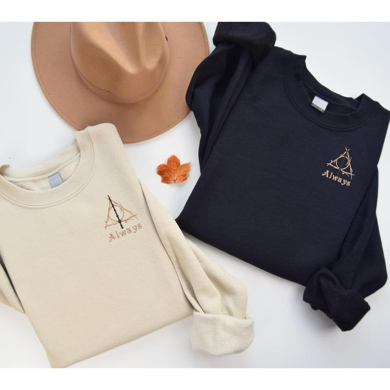 Embroidered Deathly Hallows "Always" Sweatshirt, HP Inspired embroidery shirt, HP books, Booktok Hoodie | GrindPrints.com