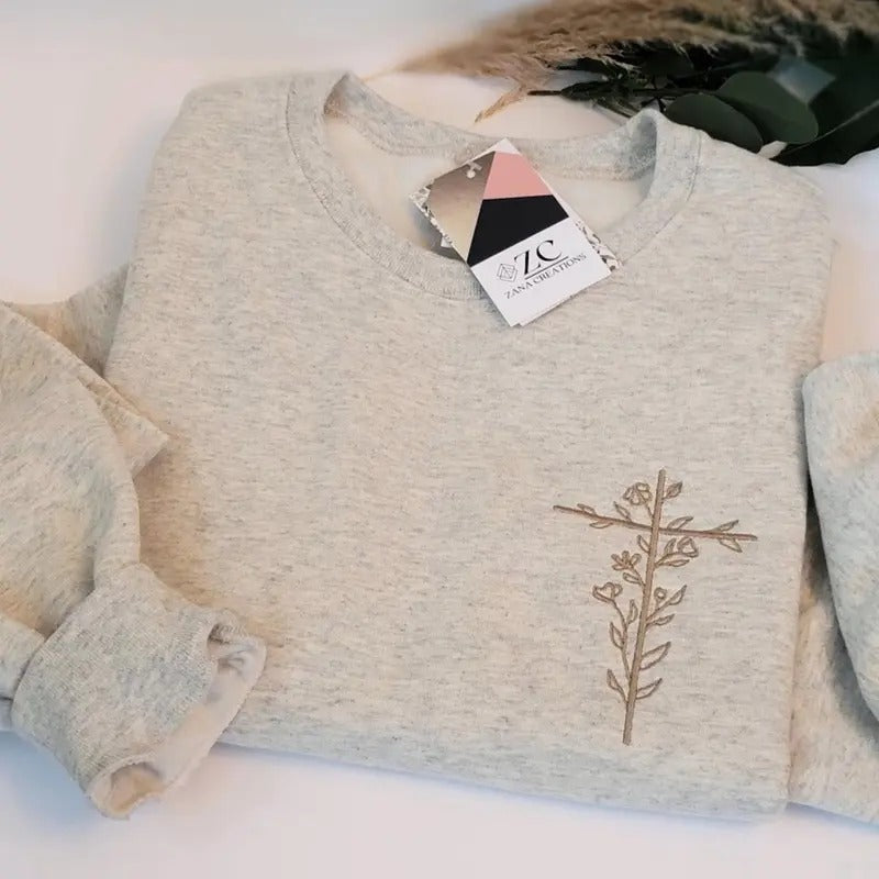 Embroidered Floral Cross Sweatshirt Christian Crewneck Faith Sweatshirt Christian Apparel Floral Cross Floral...