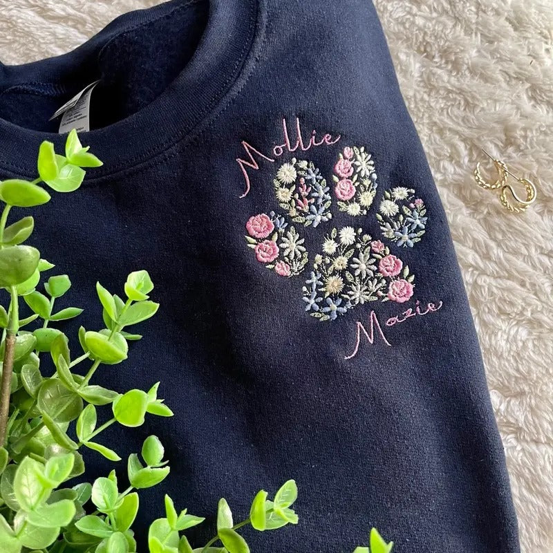 Embroidered Floral Paw Print Sweatshirt - Personalizable T-Shirts, Hoodie | GrindPrints.com