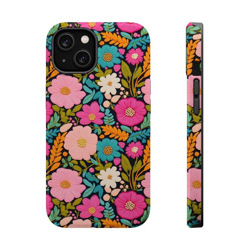 Embroidered Flowers Phone Case, Mag Safe Compatible, Magnetic Tough Cases T-Shirts, Hoodie, Sweatshirt | GrindPrints.com
