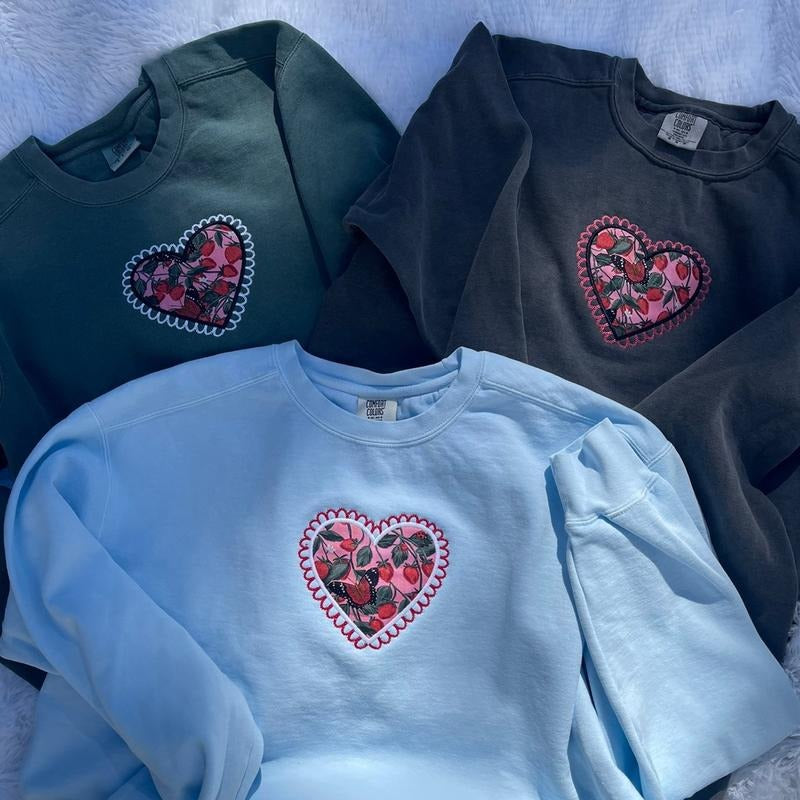 Embroidered Heart Sweatshirt, Scalloped Cute Sweatshirt, Coquette Sweatshirt T-Shirts, Hoodie | GrindPrints.com