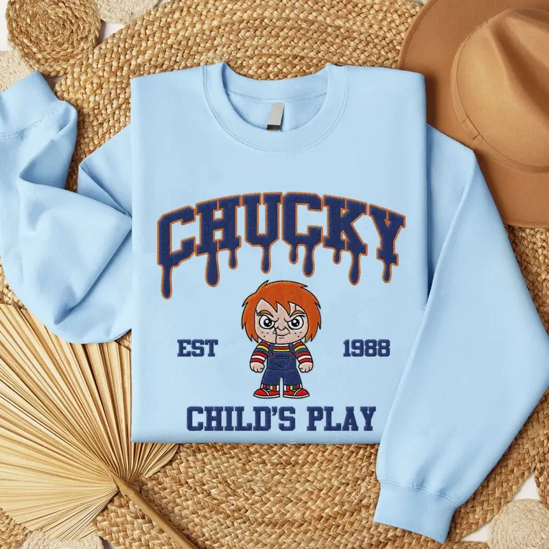 Embroidered Horror Chucky Halloween Sweatshirt, Horror Movie Embroidery Shirt Hoodie | GrindPrints.com