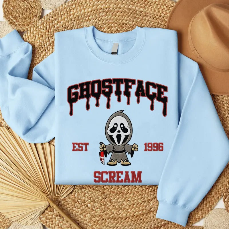 Embroidered Horror Ghostface Halloween Sweatshirt, Horror Movie Embroidery Shirt Hoodie | GrindPrints.com