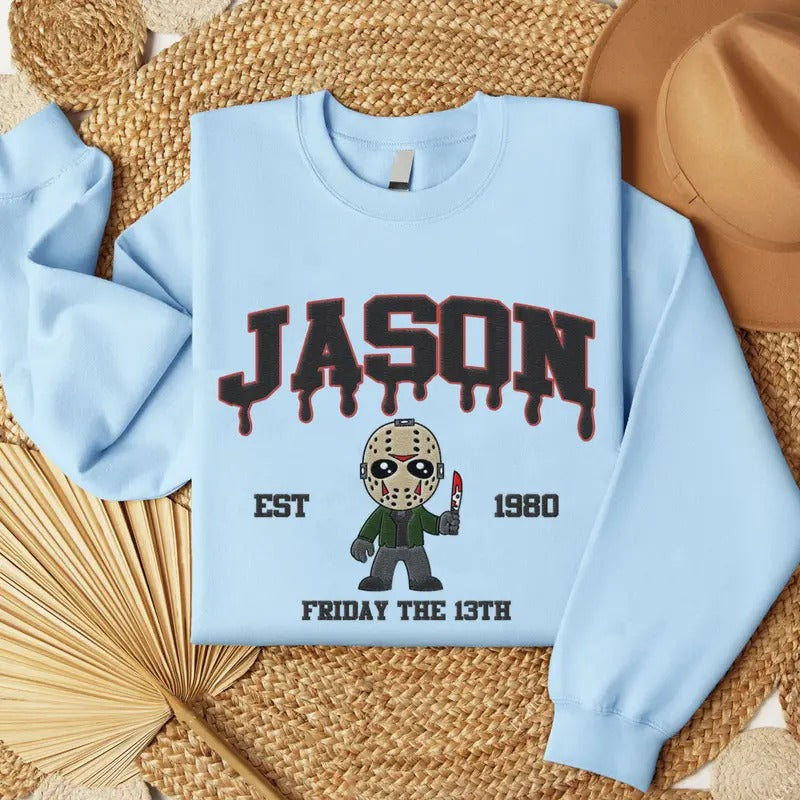 Embroidered Horror Jason Voorhees Halloween Sweatshirt, Horror Movie Embroidery Shirt Hoodie | GrindPrints.com