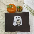 Embroidered Little Ghost Coffee Crewneck Sweatshirt - Spooky Season Crewneck - Coffee Lovers T-Shirts, Hoodie