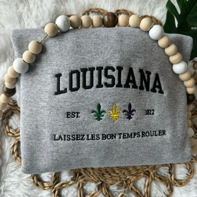 Embroidered Louisiana Sweatshirt, Mardi Gras Pullover, Louisiana Crewneck T-Shirts, Hoodie | GrindPrints.com