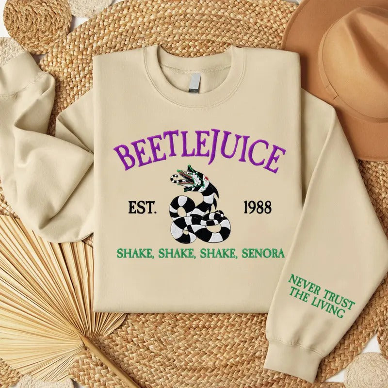 Embroidered Never Trust The Living Sweatshirt, BeetleJuice Halloween Embroidery Sweatshirt T-Shirts, Hoodie | GrindPrints.com