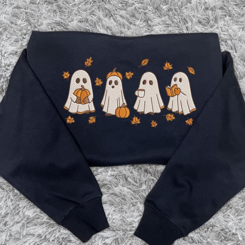 Embroidered Spooky Fall Sweatshirt, Vintage Halloween Pumpkin Spooky Season Sweater, Ghost And Pumpkin T-shirt, Halloween...