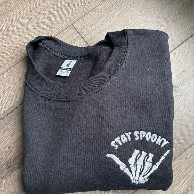 Embroidered Spooky Rock On Sweatshirt, Halloween Sweatshit, Spooky Crewneck T-Shirts, Hoodie | GrindPrints.com
