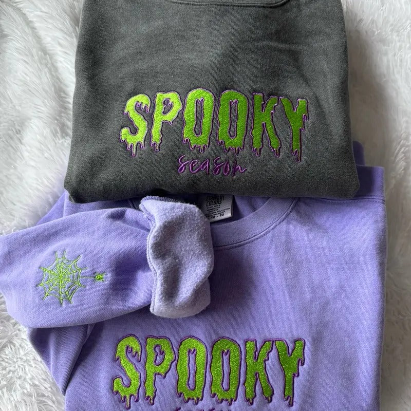 Embroidered Spooky Season LONG SLEEVE SHIRT, Halloween Shirt, Embroidered Sleeve Hoodie, Sweatshirt | GrindPrints.com