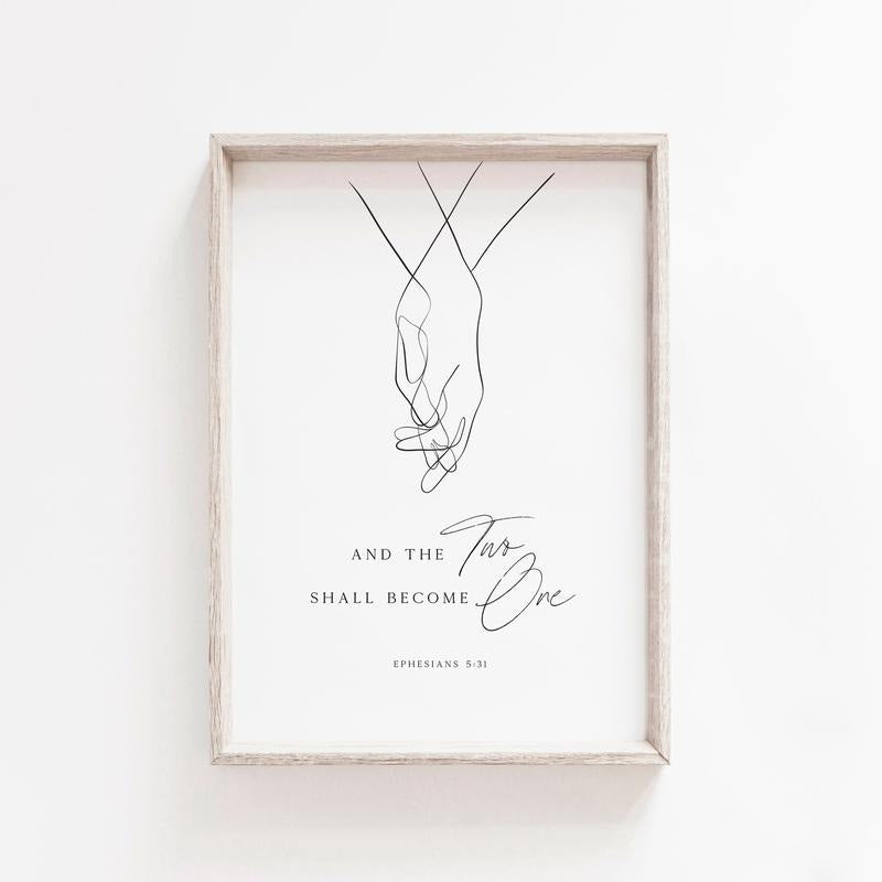 Ephesians 5:31 Wall Art, Two Shall Become One, Christian Wedding Gift, Poster For Couple, Holding Hands Line Art |...