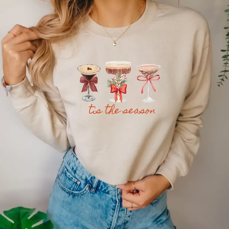 Espresso Martini Art Christmas Crewneck Sweatshirt, Espresso martini glass print, Christmas pullover sweatshirt for...