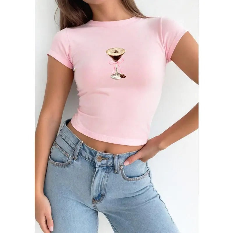 Espresso Martini Pink Bow Baby Tee, Baby Tee, Cute Bow Graphic T Hoodie, Sweatshirt | GrindPrints.com