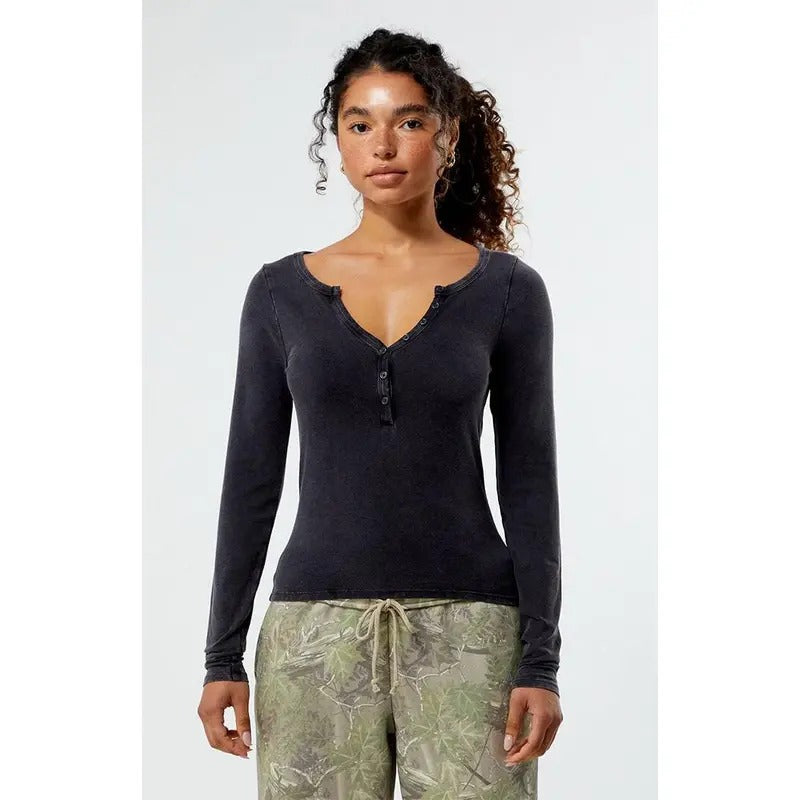 Est. PAC 1980 Women's Ashlee Washed Notched Henley Long Sleeve Top T-Shirts, Hoodie, Sweatshirt | GrindPrints.com