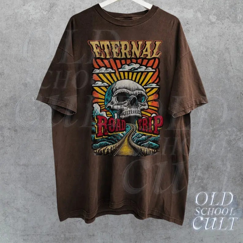 Eternal Road Trip Retro T-Shirt, Vintage 90s Skull Graphic Shirt, Washed Relaxed Shirt, Retro Unisex Graphic Shirts, Road...