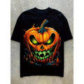 Evil pumpkin with green eye print, T-shirt with round neck for men's creative graphic design, comfortable T-shirt in...