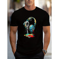 Eye-Catching Cartoon Earphone Print T-Shirt for Men - Crew Neck, Slightly Elastic, Summer and Autumn Wear