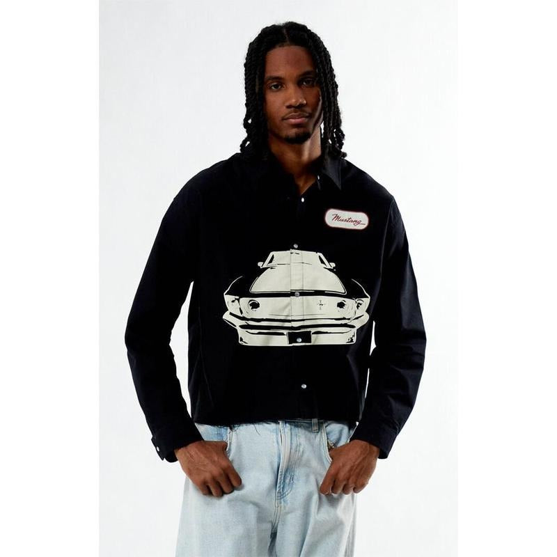 FORD Men's Mustang Button Down Long Sleeve Cropped Shirt Hoodie, Sweatshirt | GrindPrints.com