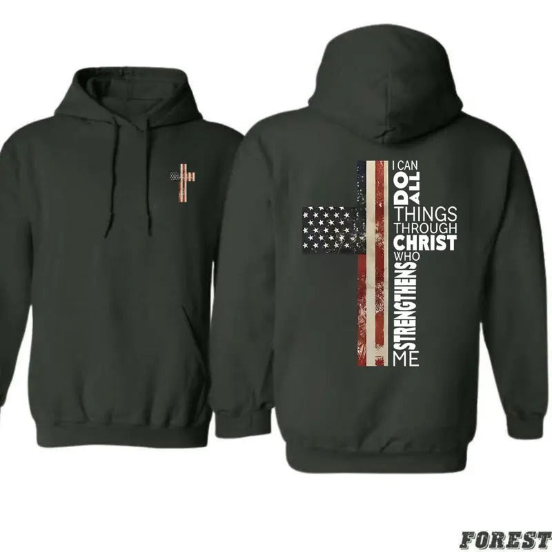 Faith Cross Hoodie - Patriotic American Flag Cross Design with Inspirational "I Can Do Any Thing" Quote, Perfect for...