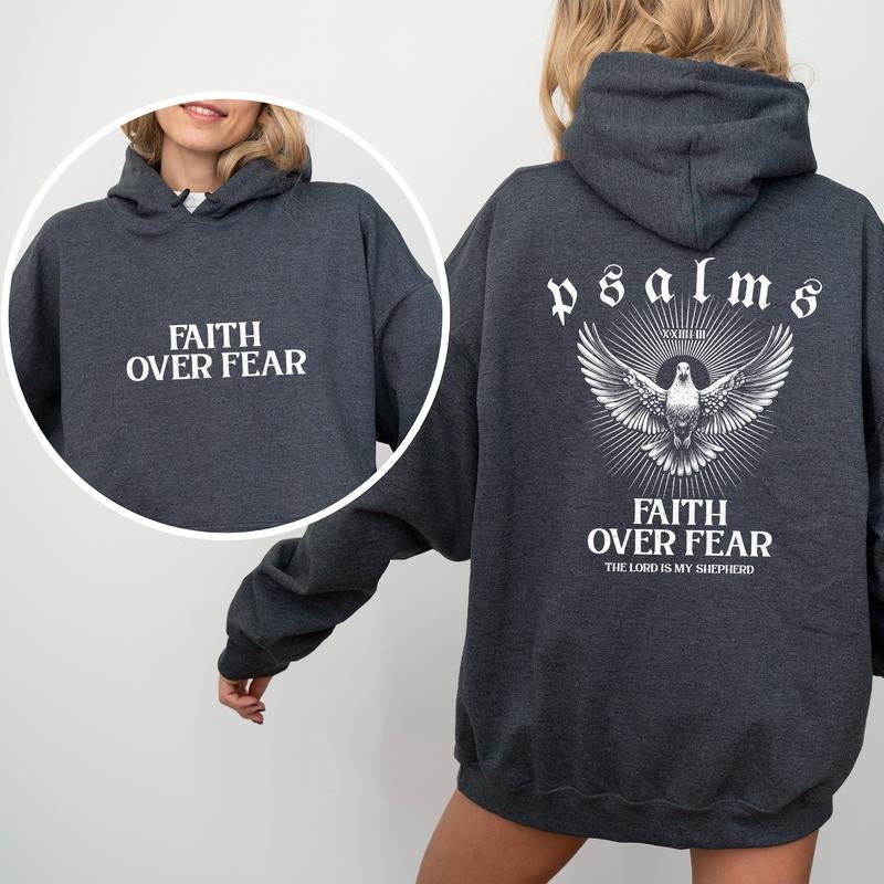 Faith Over Fear 2-Sided Hoodie, Christian Hoodies for Women, Bible Verse Hooded Sweatshirt, Faith Based Women's Tops,...