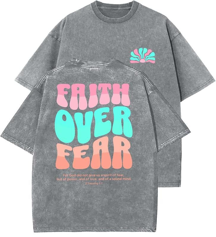 Faith Over Fear Unisex Washed T-Shirt, Christian t shirts, Vintage 90s Graphic Tee, Gift Top Womenswear...