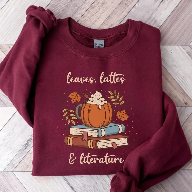 Fall Book Sweatshirt Leaves Latte Literature Sweater Bookish Sweatshirt Teacher Reading Crewneck Librarian Book Nerd...