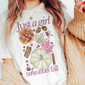 Fall Tee Just A Girl Who Love Fall Pink Tshirt Girly Pink Fall T-Shirt Pink Fall Collage Top Womens Fall Pumpkin Tees...
