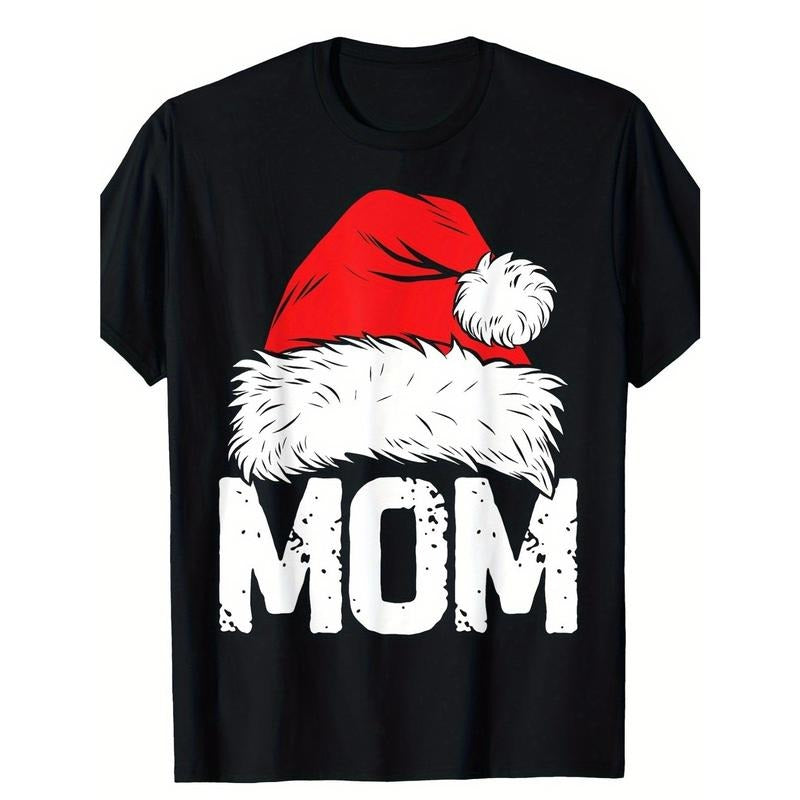 Family Matching Christmas Pajamas - Mom & Youngsters' Santa Print Cotton T-Shirts, Short Sleeve, Crew Neck