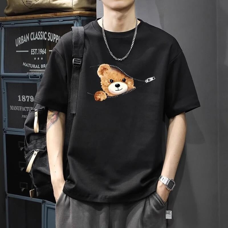 Fashion Zipper Bear Printed Short Sleeve T-shirt 2025 Cool Casual Couple Outfit round Neck Half Sleeve Hoodie, Sweatshirt
