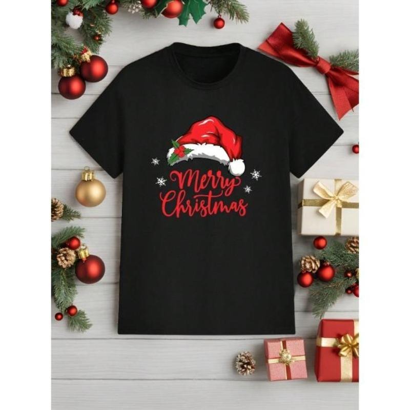 Fashionable Casual Christmas Santa Hat & Letter Print Style Crew Neck T-Shirt For Men Made In USA Hoodie, Sweatshirt