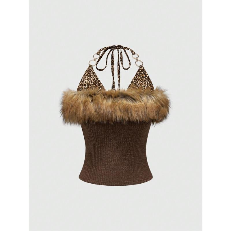 Faux Fur Leopard Halter Tops Metal Ring Tie Back Y2k Concert Top T-Shirts, Hoodie, Sweatshirt | GrindPrints.com