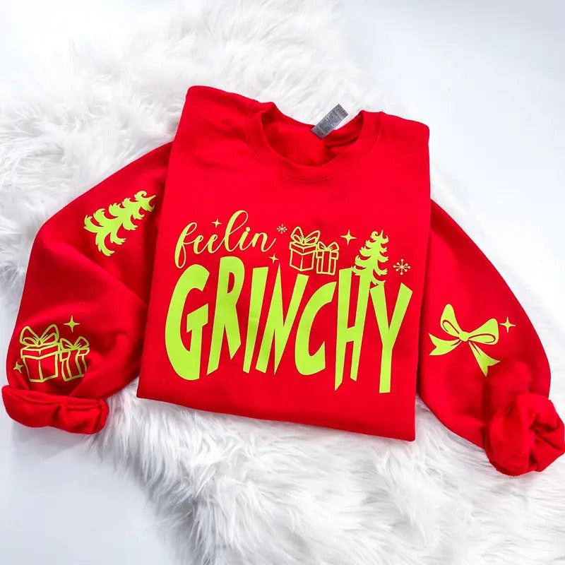 Feelin' Grinchy Retro Sleeve Prints Comfy Tops T-Shirts, Hoodie, Sweatshirt