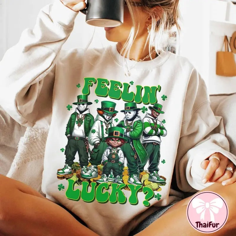 Feelin Lucky St. Patrick’s Day Sweatshirt, Shamrock Patrick Day Tee, Horror Movie, Horror Feeling lucky Gift Hoodie
