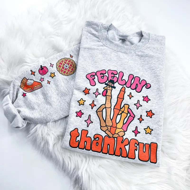 Feelin Thankful Skeleton Turkey Sleeve Print Comfy Tops T-Shirts, Hoodie, Sweatshirt