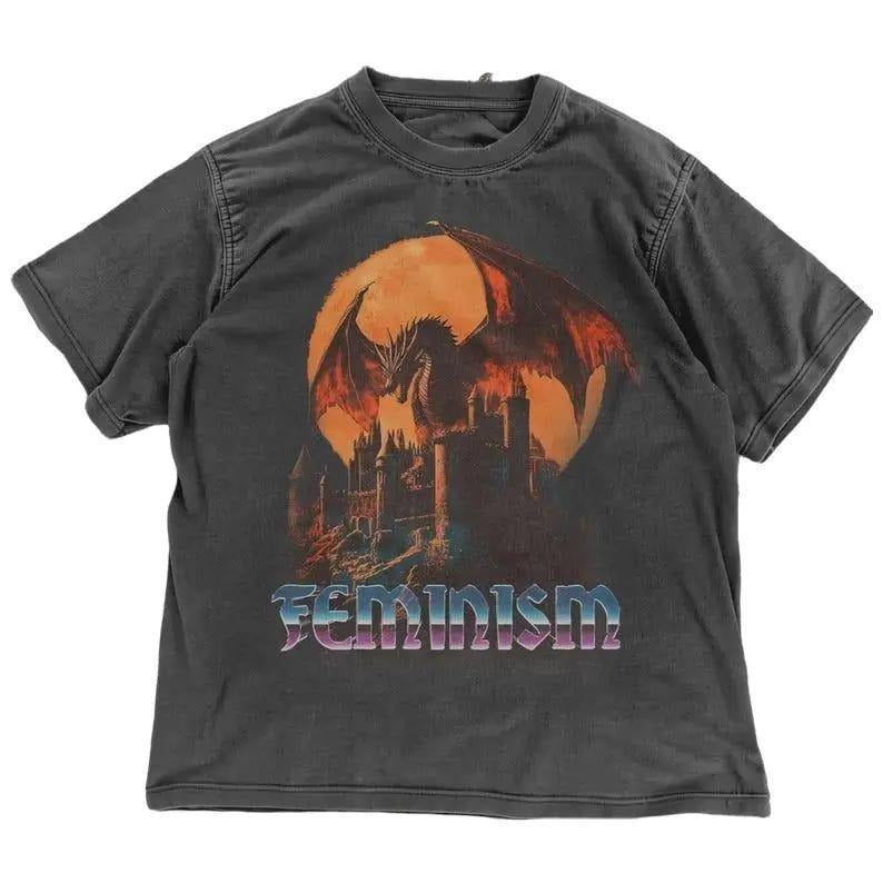 Feminism Dragon Graphic T-Shirt - Gothic Fantasy Dragon Castle Tee - Feminist Dark Fantasy Tee