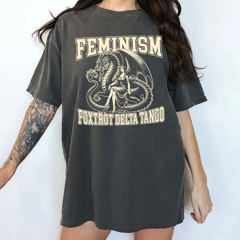 Feminism Foxtrot Delta Tango Comfort Colors Shirt, Feminism Dragon T-shirt, Vintage Feminist Graphic Tee, Womenswear Tops...