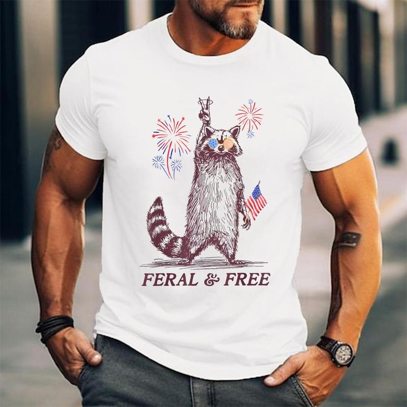 Feral & Free Funny Patriotic Racoon Feral And Free 4th July Unisex T-Shirt, Cotton 100%, Top Trending Fashion Hoodie,...