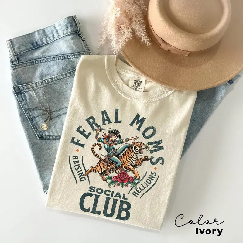 Feral Moms Social Club Shirt, Vintage Graphic Tee, Feral Mom Gift, Somebody's Feral Wife, Mom Life Tshirt, Trendy Mom...