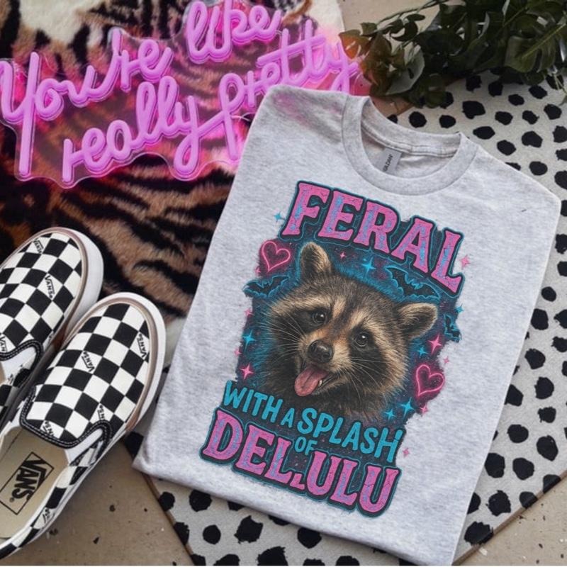 Feral With A Splash Of Delulu Ash Grey T-Shirt - Bleached - Gildan - Unise Hoodie, Sweatshirt | GrindPrints.com