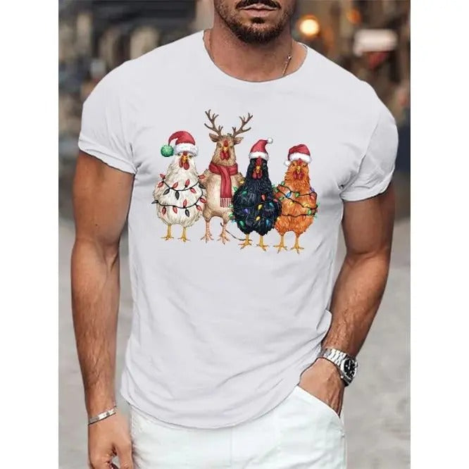 Festive Chickens Illustration Print Men's Casual Short Sleeve T-Shirt For Summer, Crew Neck, Lightweight & Breathable...