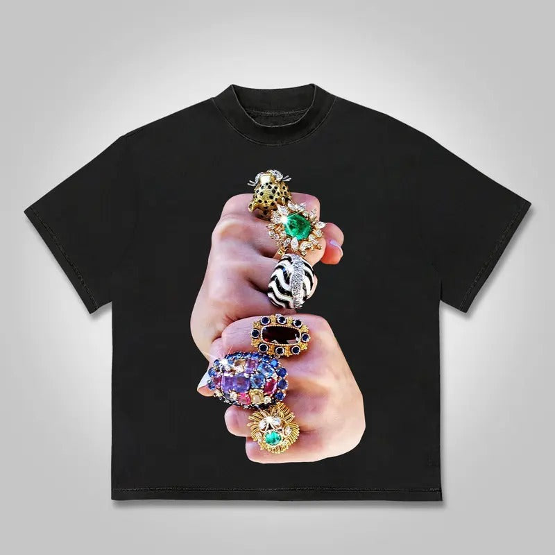 Finger Graffiti Diamond Ring Casual Graphic T-Shirt Y2K Clothing Graphic Tee Cotton Top Streetwear Hoodie, Sweatshirt